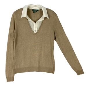 LAUREN RALPH LAUREN Sweater M Brown Silk-Cashmere Ivory-Pleated-Collar Popover